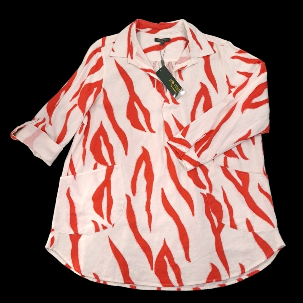 FORCYNTHIA Women's Tunic Top Linen Blend Red White Zebra Striped Pockets - Sz 2X